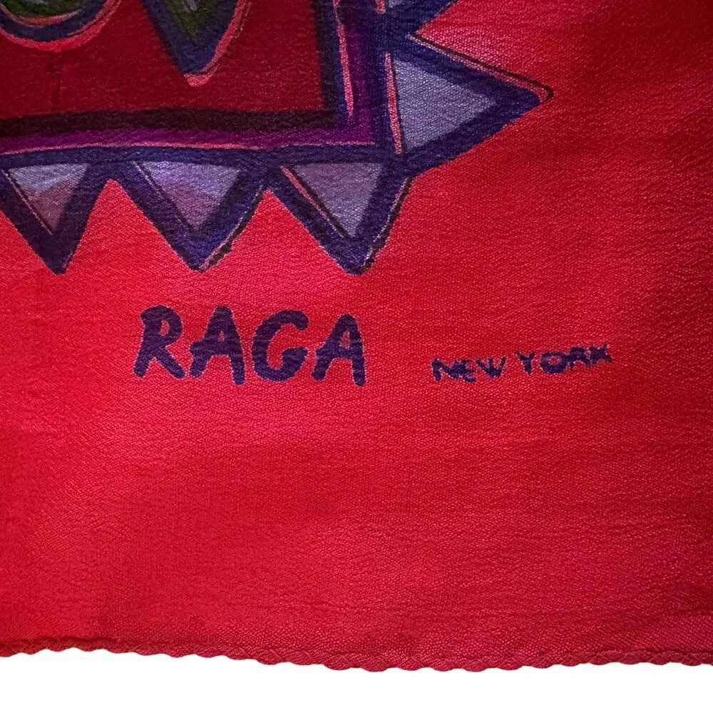 RAGA NY !00% Woven Silk Scarf Wrap Shawl Native Art Southwest Boho Lagenlook